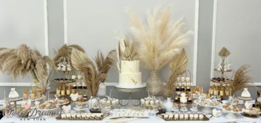 Nude neutral and blush wedding pampas grass decor bridal shower dessert table Long Island