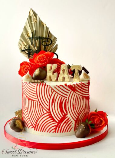 Red and gold birthday cake for a woman 40th birthday cake custom cakes Long Island bakery spacialty cakes