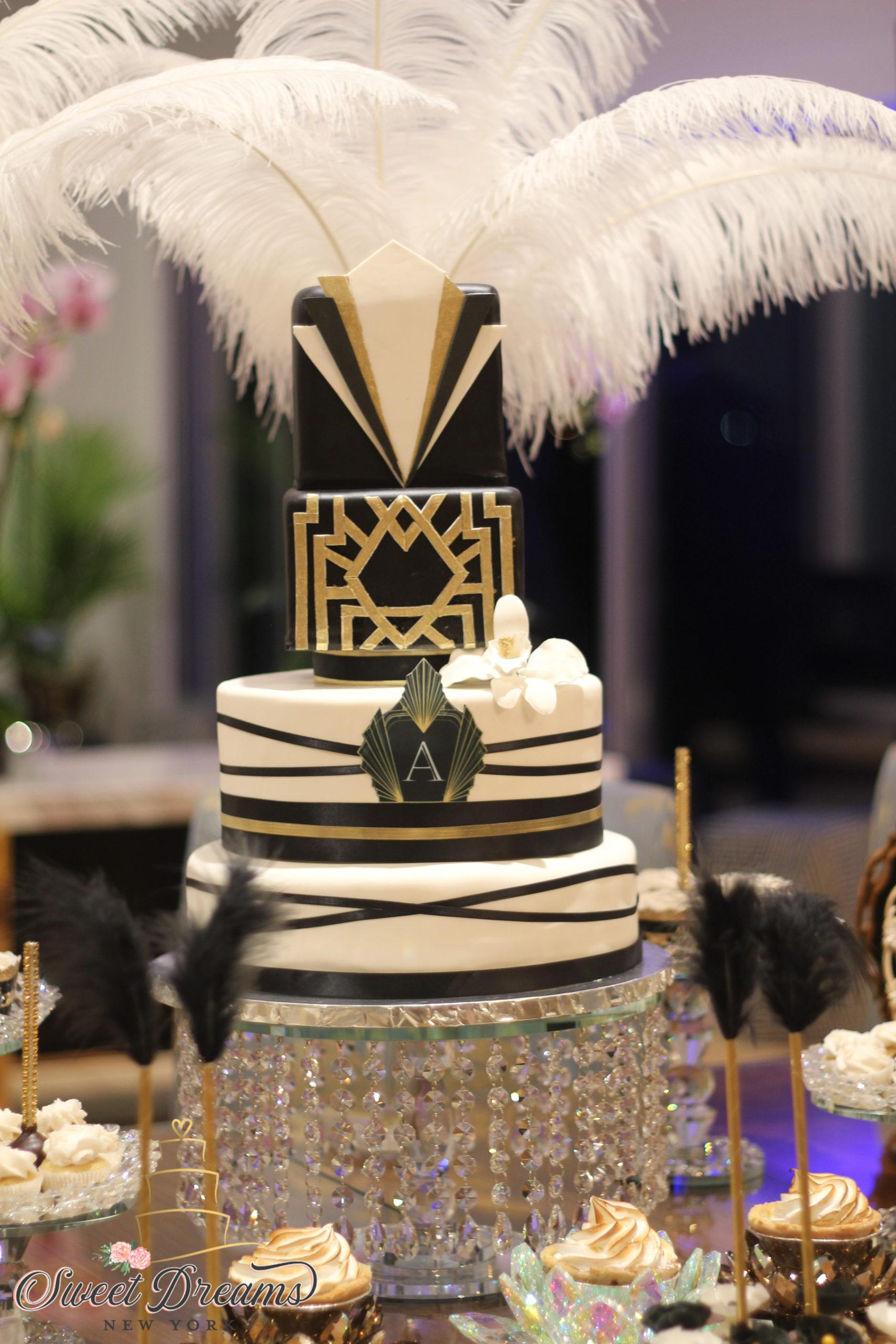 Roaring 20s Gatsby dessert Table and custom wedding Cake NYC Long Island