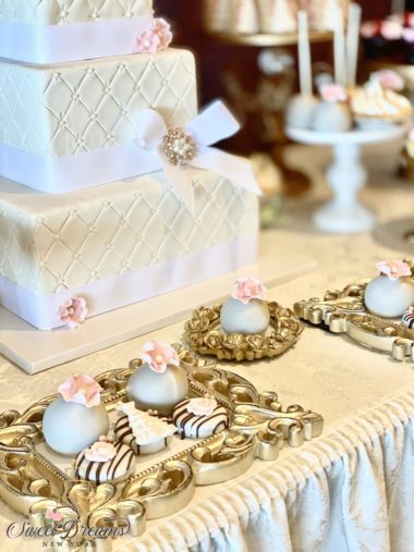 Rustic Elegant Wedding cake dessert table by Sweet Dreams NY of Long Island NY square wedding cake