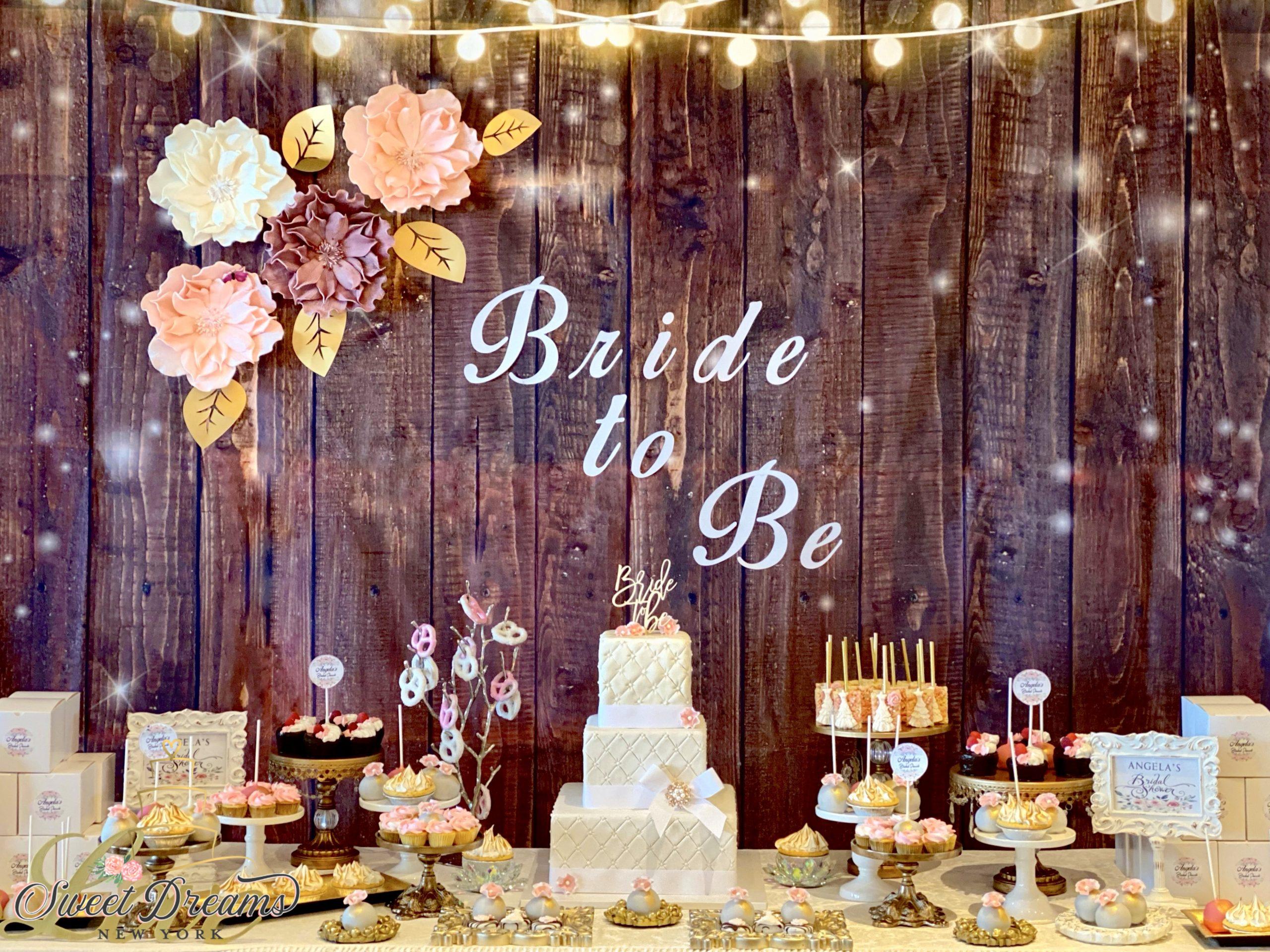 Rustic Elegant bridal shower cake dessert table barn wood Bride to Be dessert table Long Island NYC