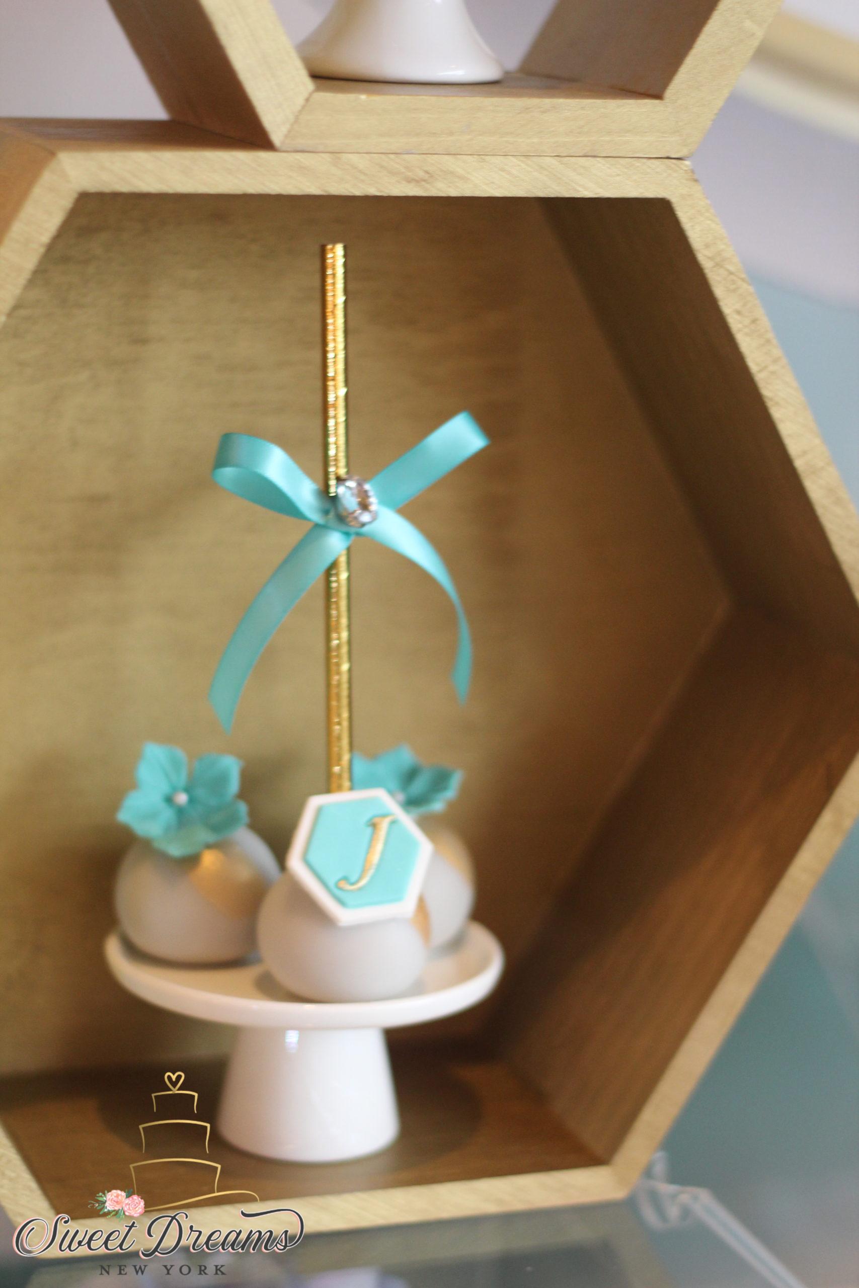 Turquoise white and gold wedding cake pops