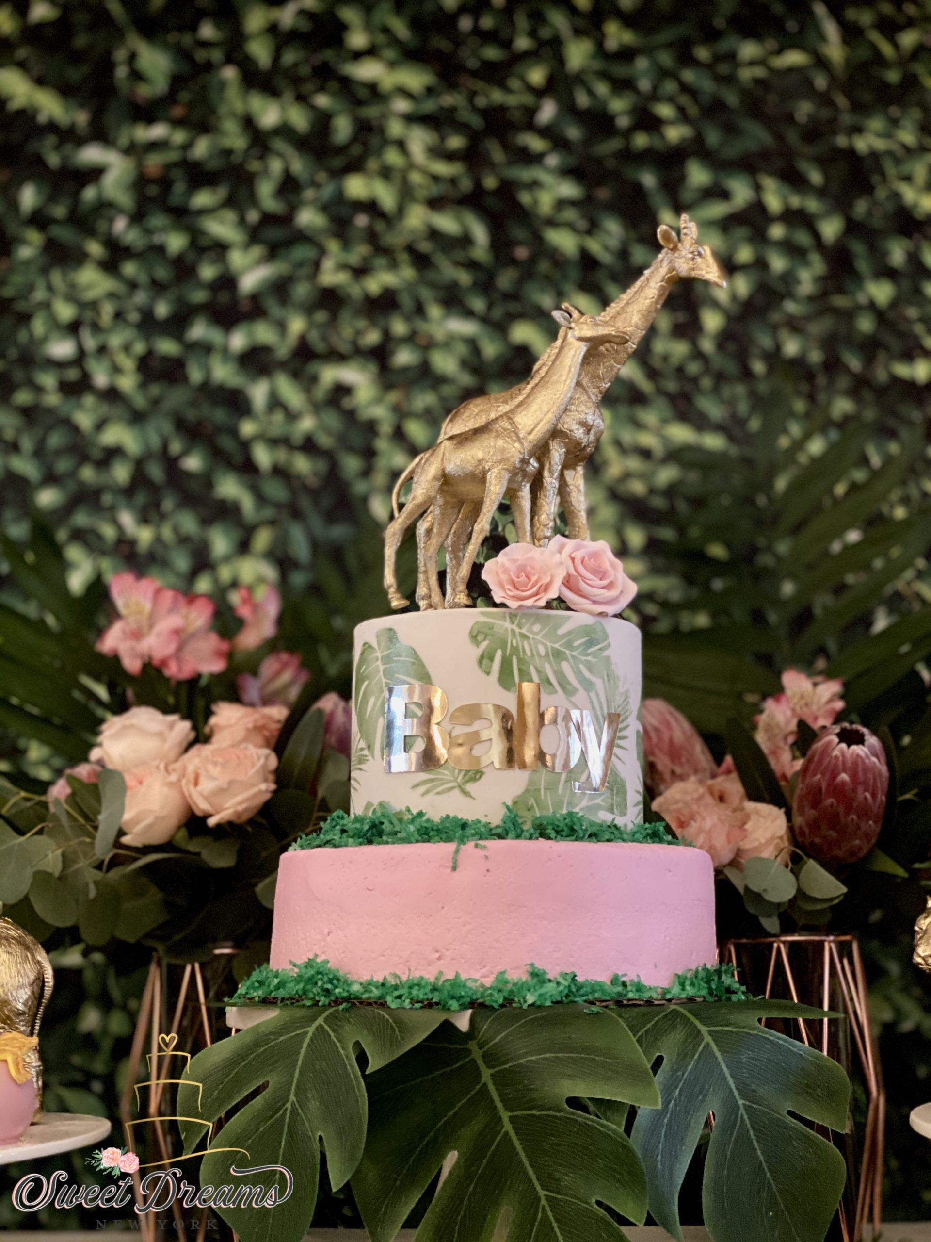 Safari Baby Shower Cake for a girl gold jungle safari baby shower custom cake Long Island NYC Sweet Dreams NY bakery
