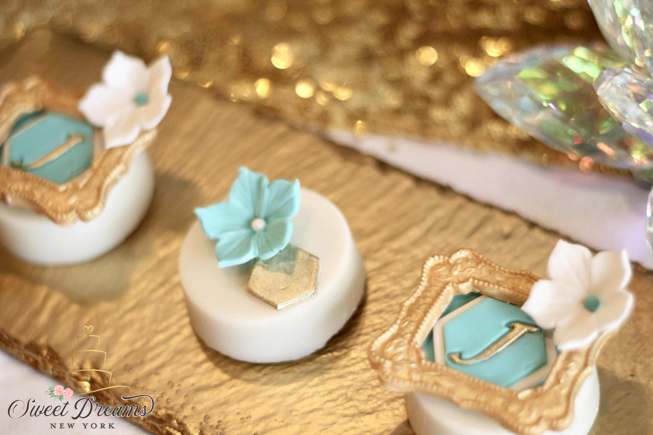 Sweet 16 dessert table ideas white and gold turquoise wedding bat mitzvah dessert table Long Island