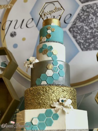 Wedding cake bridal shower cake turquoise with gol