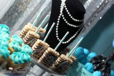 Tiffany & Co bat mitzvah bridal shower dessert table ideas turquoise gold rice krispies by SweetDreams NY Long Island NYC