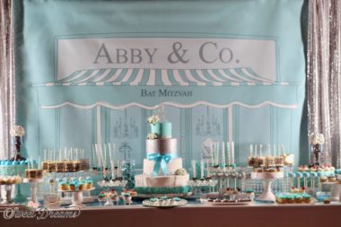 Tiffany and Co. dessert table bat mitzvah bridal shower custom cake backdrop ideas decor by Sweet Dreams NY