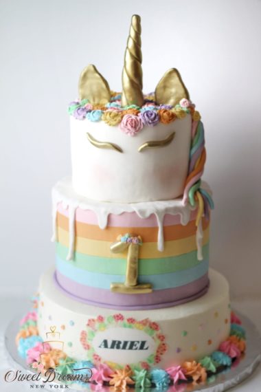 Unicorn Birthday Cake rainbow pastel first birthday multi-tier custom cake Long Island NYC