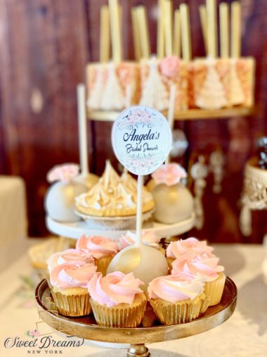 Vintage bridal shower dessert table gold white cake pops cupcakes custom cakes Long Island NYC