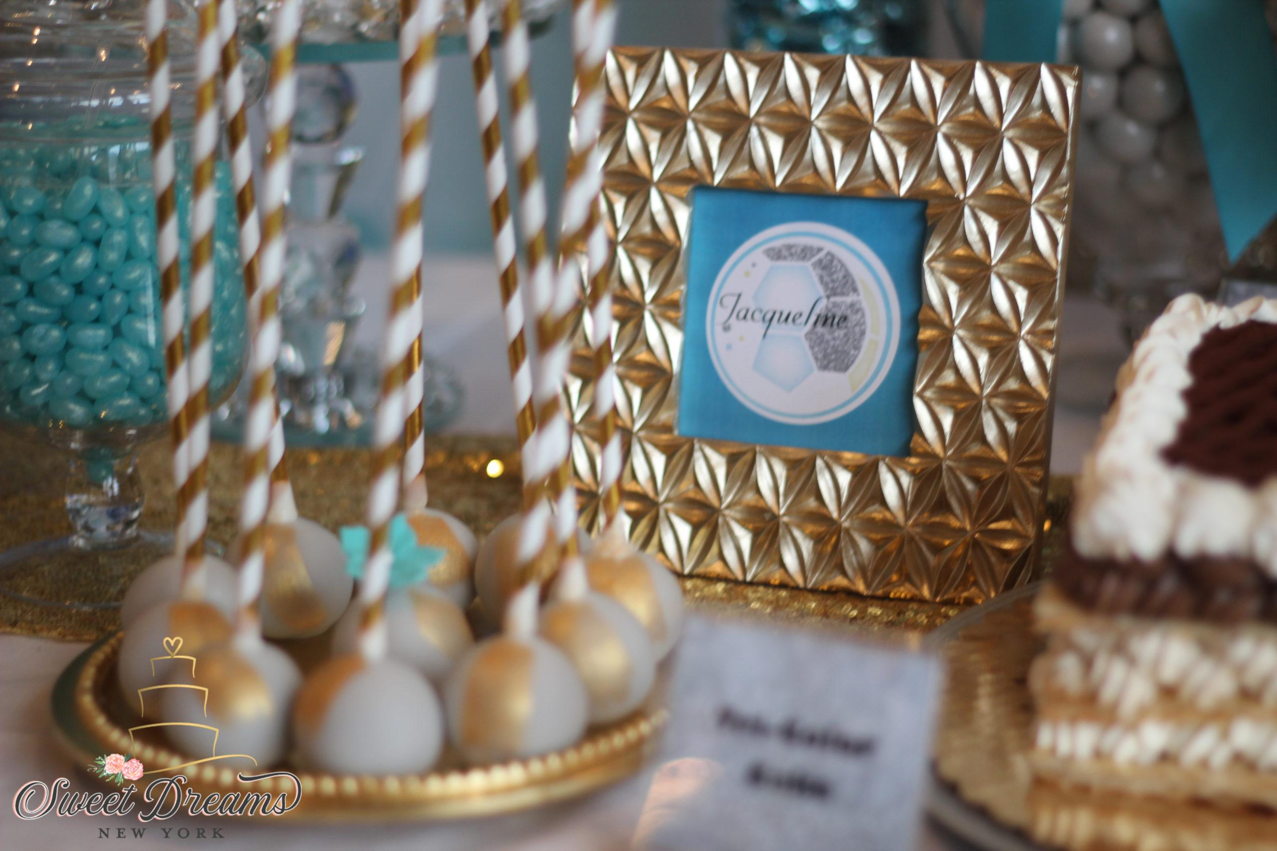 Chocolate covered cookie turquoise and gold Bridal shower dessert table Long Island New York Sweet Dreams NY