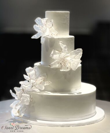 Wedding Cake Rice Paper Wafer Flowers white on white custom Wedding Cake NYC Long Island Sweet Dreams NY