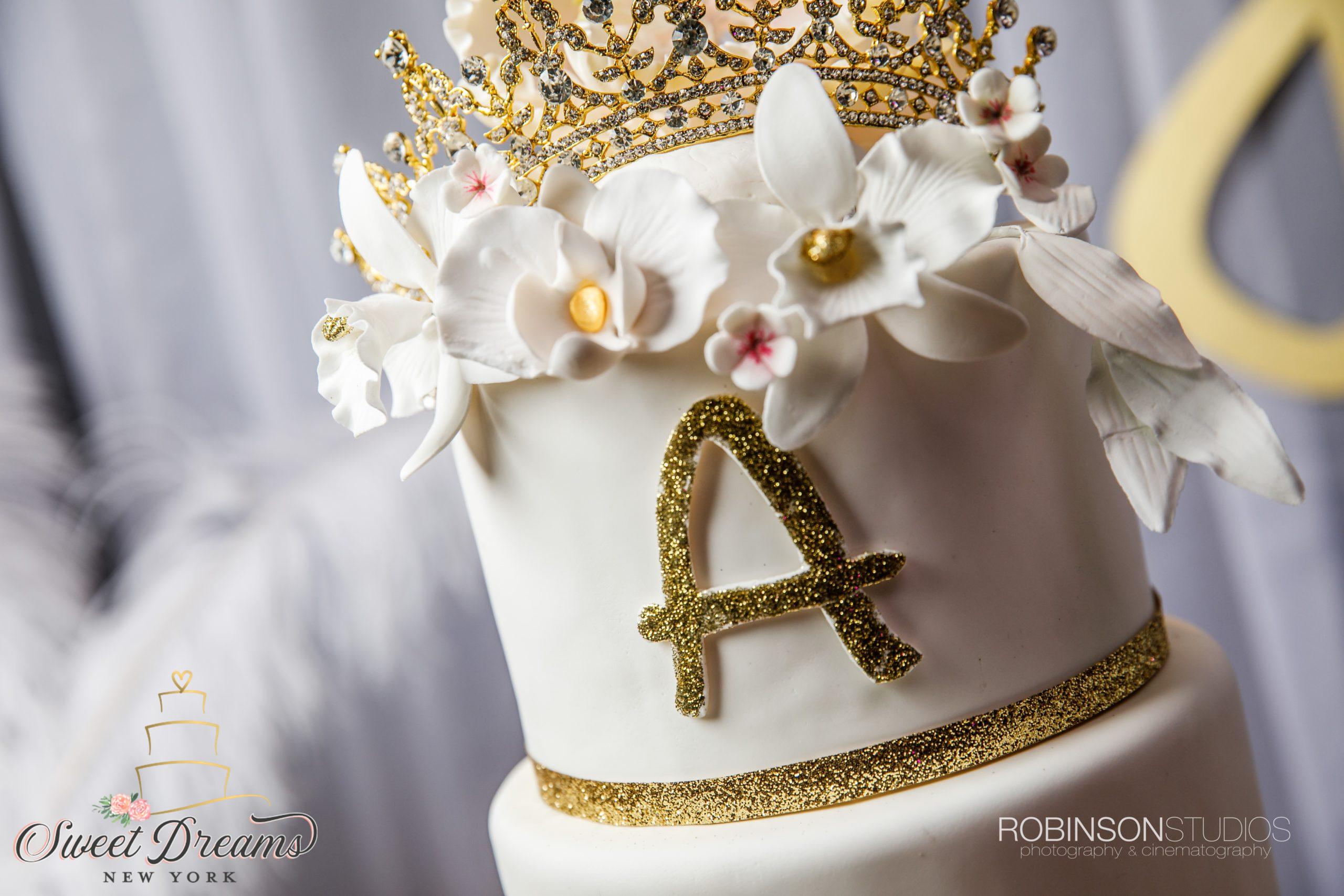 White and gold sweet 16 cake dessert table wedding cake Long Island NYC by Sweet dreams NY