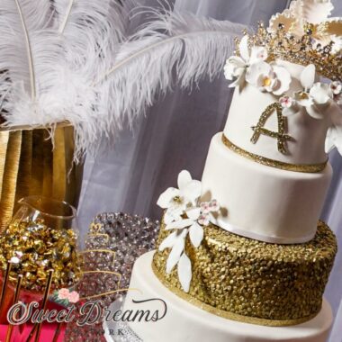 White and gold wedding cake ideas princess cake bat mitzvah dessert table Long Island NYC