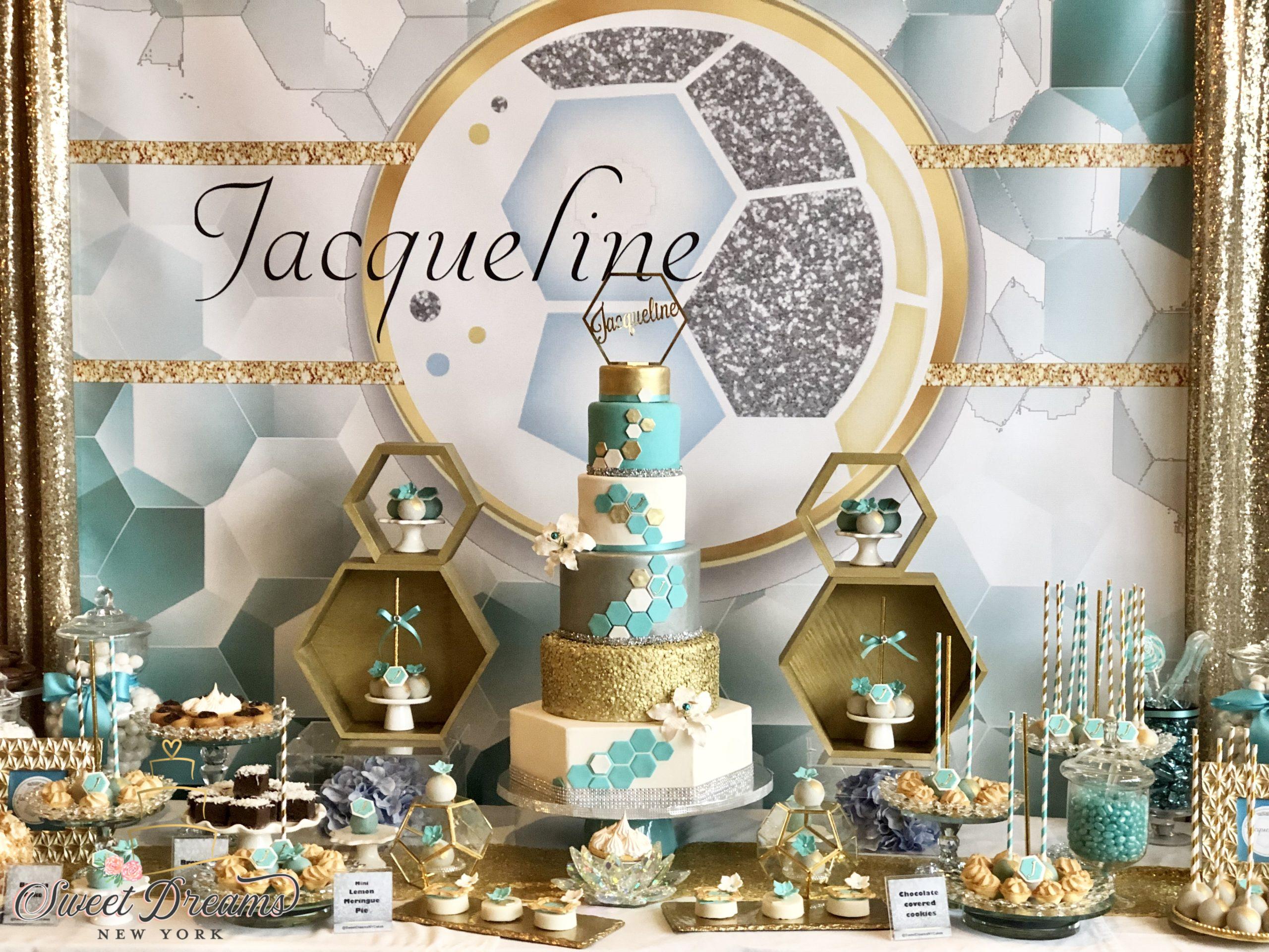 White gold and turquoise modern wedding dessert table hexagon NYC Long Island Dessert table Bat Mitzvah