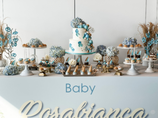Long Island Dessert Table Baby shower blue grey and brown sweet buffet station