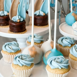 Long Island Dessert Table light blue Baby shower desserts cupcakes and cake pops