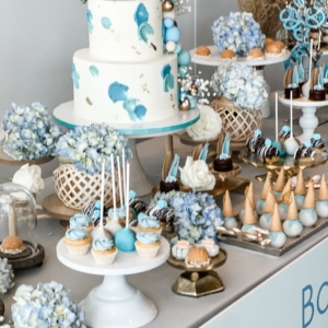 Muted blue and Hydrangea baby shower Dessert Table Long Island NYC