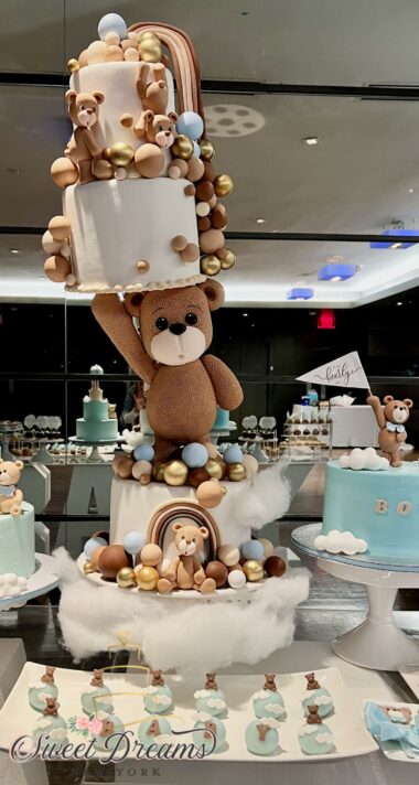 Bear Baby Shower Custom Cake gravity defying cake designer We Can Bearly Wait Baby Shower Dessert Table NYC Long Island