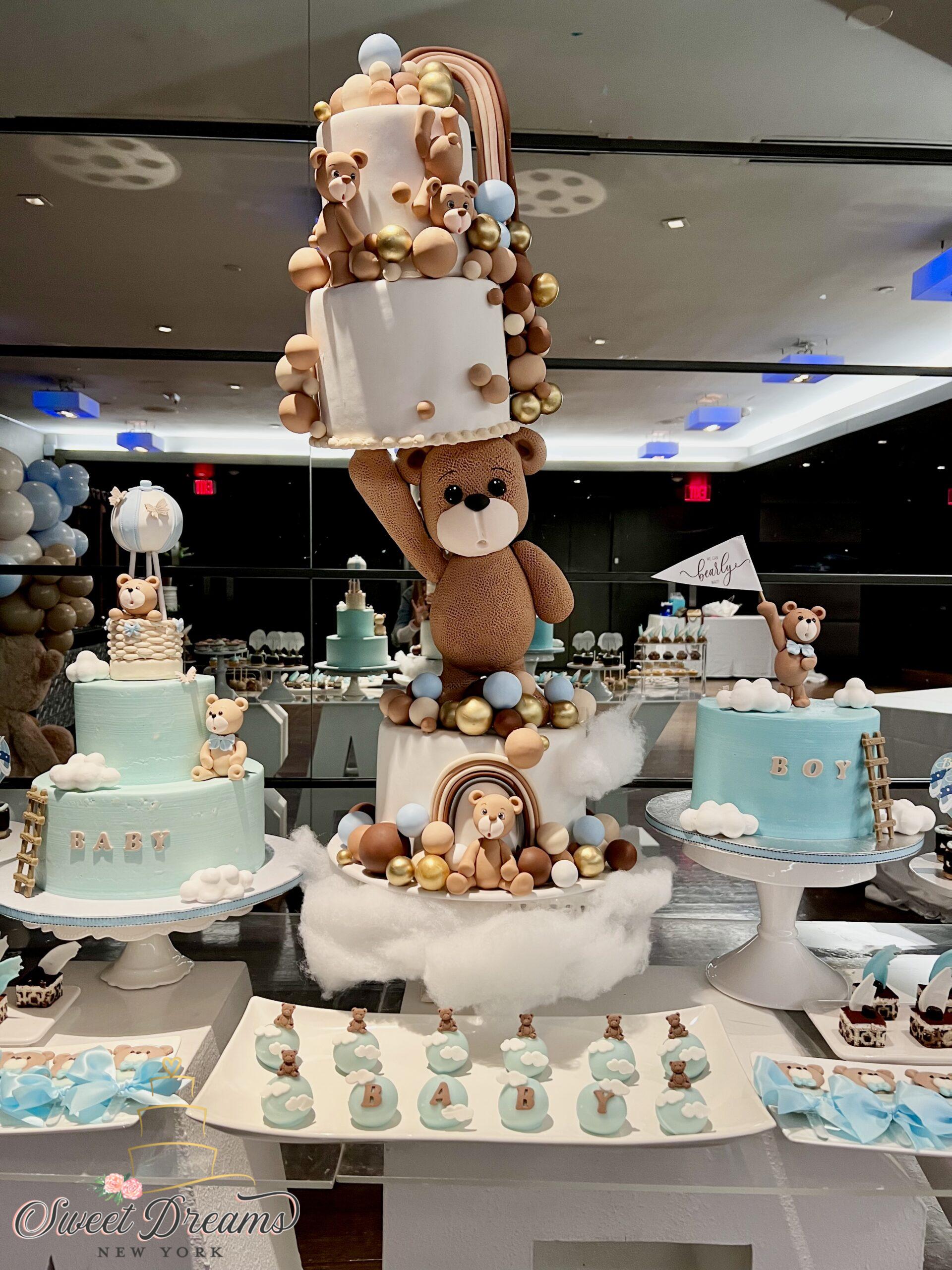 We Can Bearly Wait Baby Shower Dessert Table NYC Long Island ideas gravity defying teddy bear Baby Shower cake