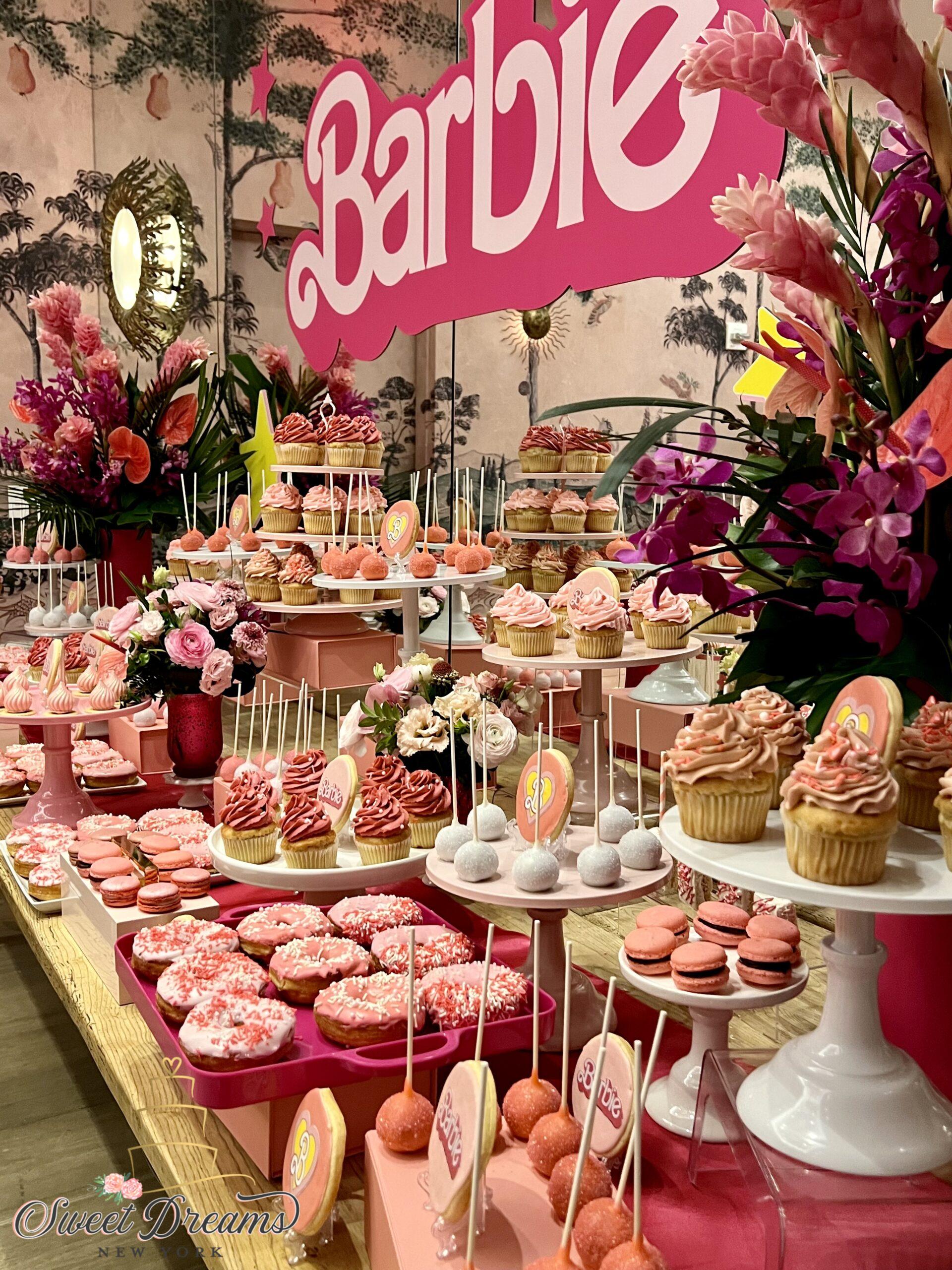Barbie NYC Dessert Table Long Island Pink Cupcakes donuts Barbie Themed birthday Bridal Shower pink Desserts