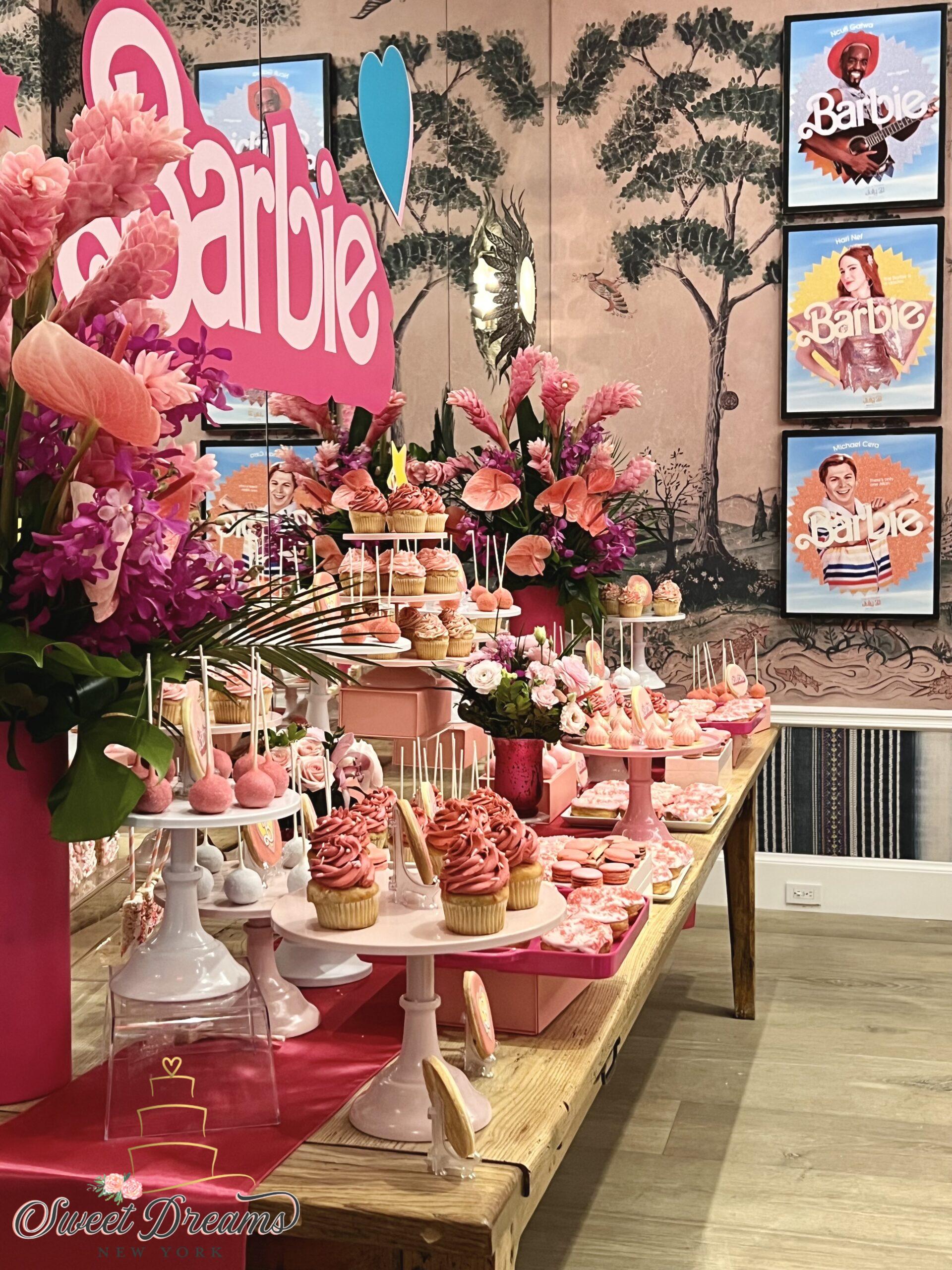 Barbie The Movie Dessert Table NYC Premiere Pink Cupcakes Barbie Themed birthday Bridal Shower Long Island