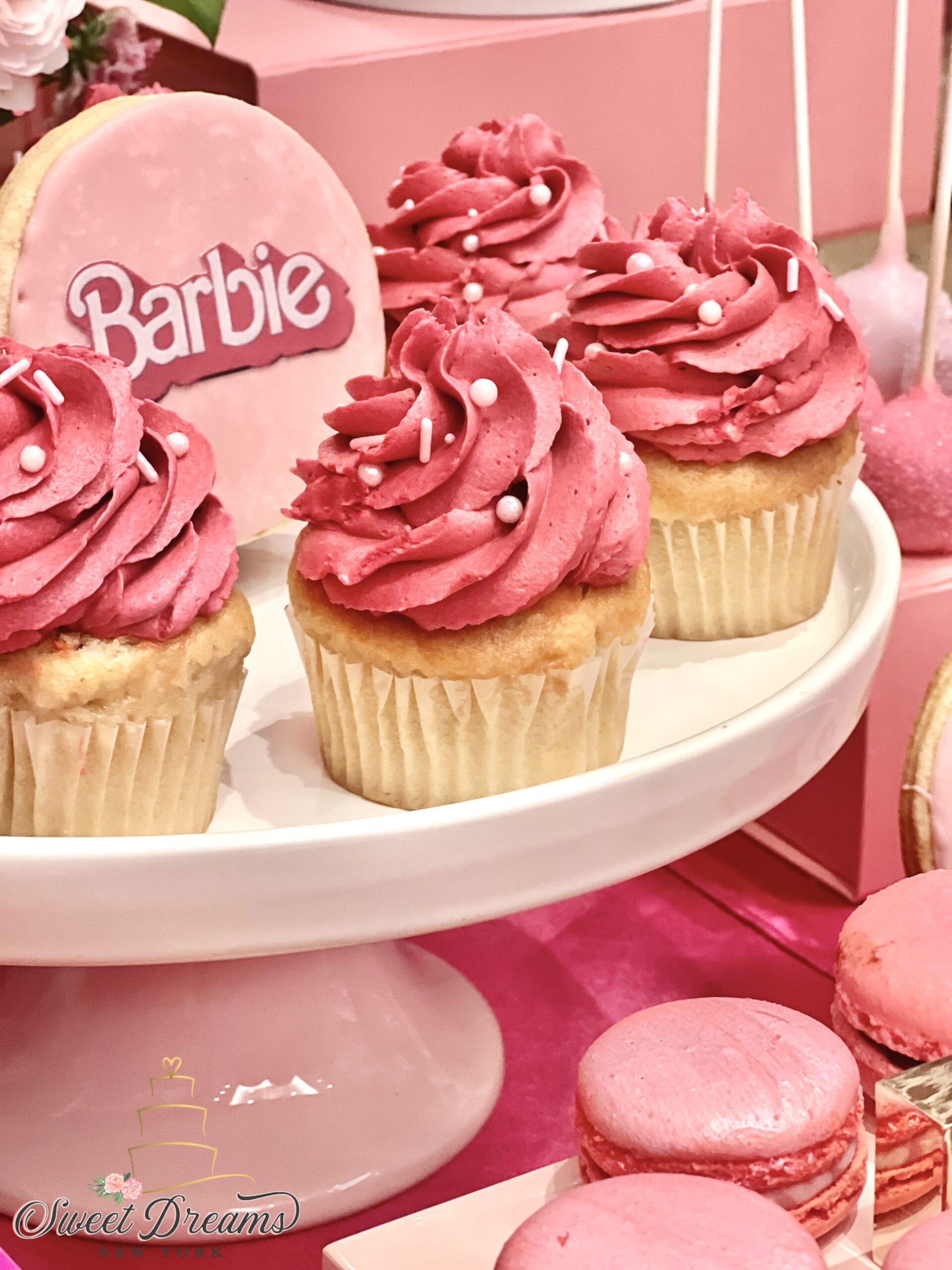 Barbie The Movie Dessert Table NYC Premiere Pink Cupcakes Long Island Barbie birthday Bridal Shower pink