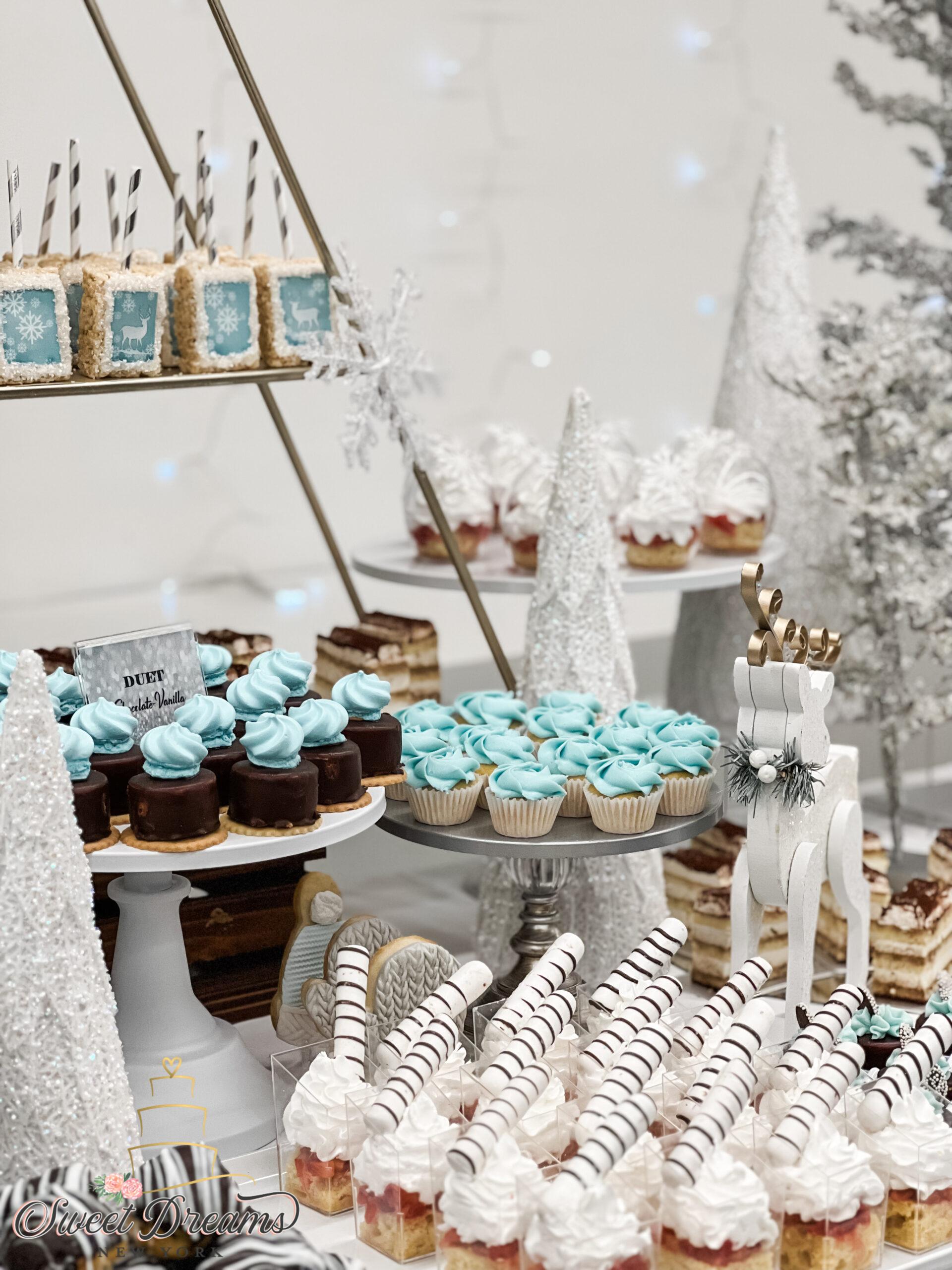 NYC Corporate custom cakes dessert tables Merril Lynch Winter Wonderland Christmas Party sweet table and Custom Cakes